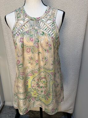 Cream Paisley Cutout Yoke blouse with Pink & Green Accents  100% silk